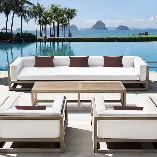 Venda quente estilo europeu piscina pátio exterior jardim deck móveis conjuntos de sofá de jardim de madeira